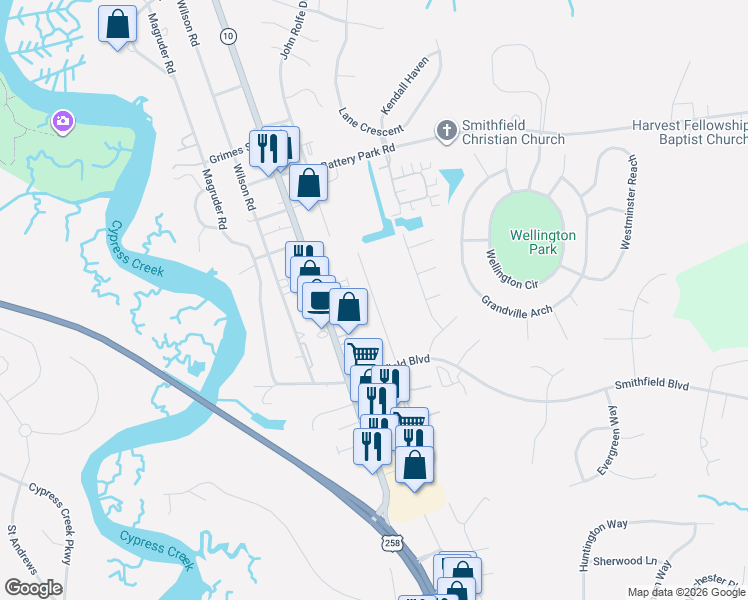 map of restaurants, bars, coffee shops, grocery stores, and more near 1610 Colonial Avenue in Smithfield