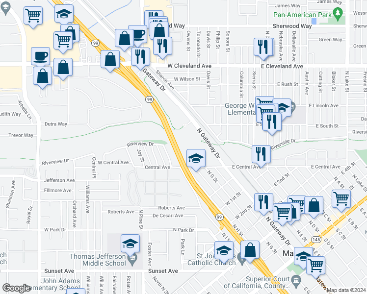 map of restaurants, bars, coffee shops, grocery stores, and more near 822 Terrace Place in Madera