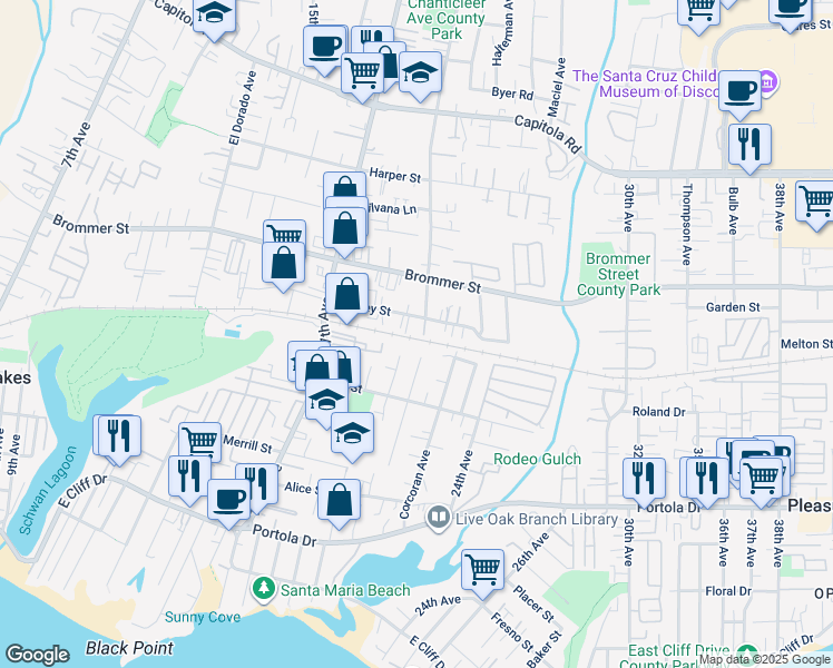 map of restaurants, bars, coffee shops, grocery stores, and more near 1051 Chanticleer Avenue in Santa Cruz