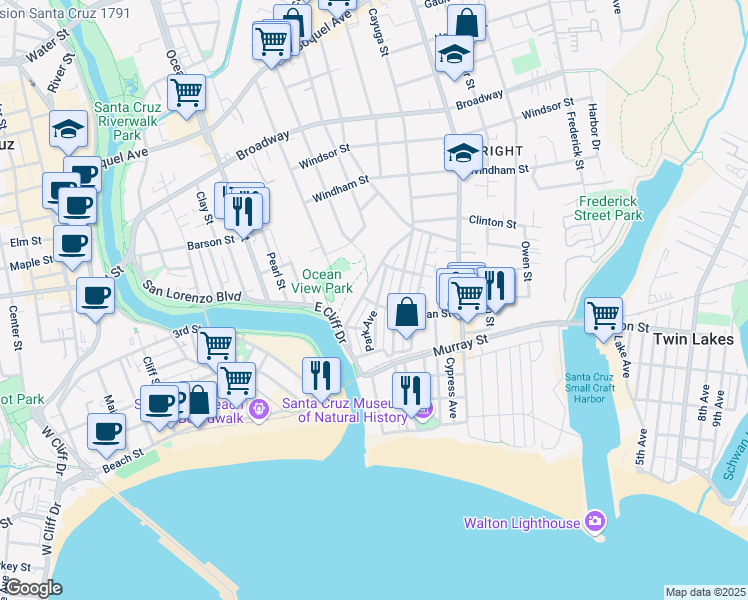 map of restaurants, bars, coffee shops, grocery stores, and more near 211 Seaview Avenue in Santa Cruz