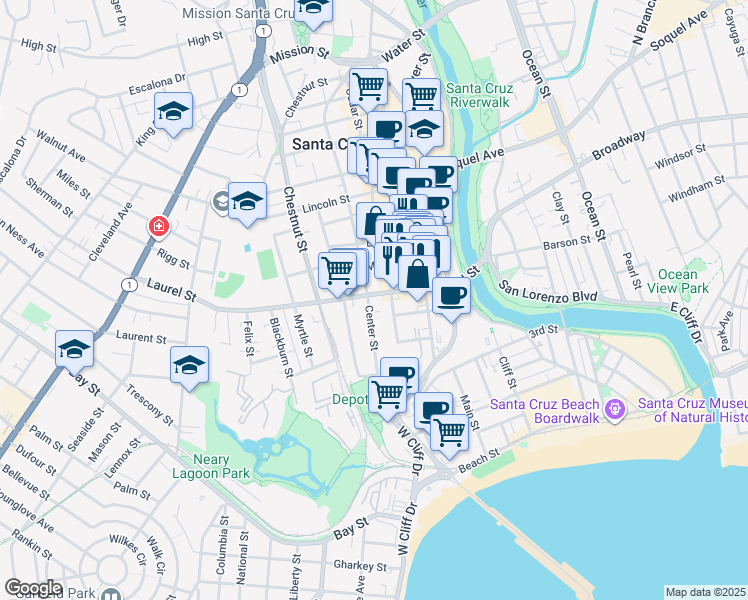 map of restaurants, bars, coffee shops, grocery stores, and more near 309 Laurel Street in Santa Cruz