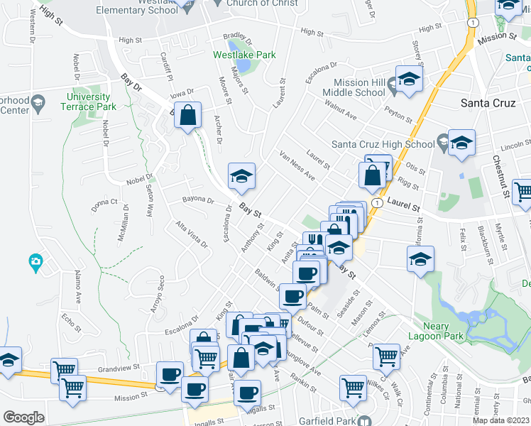 map of restaurants, bars, coffee shops, grocery stores, and more near 1710 Bay Street in Santa Cruz