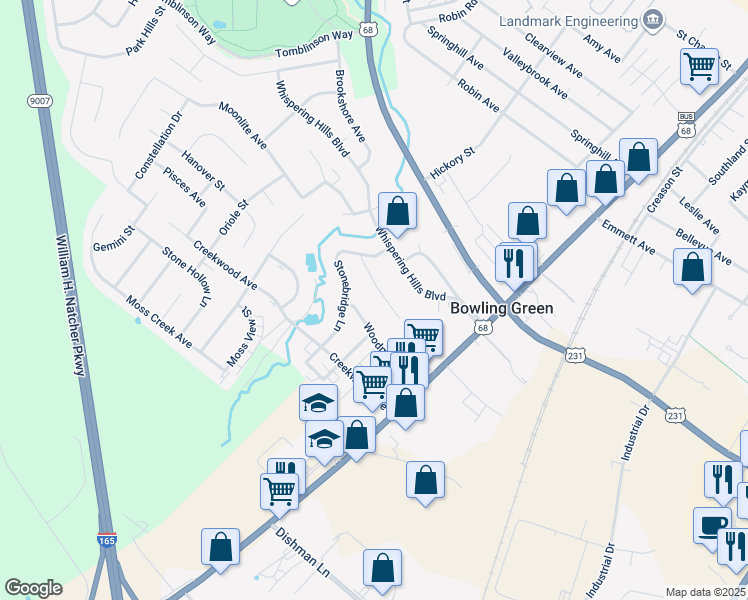 map of restaurants, bars, coffee shops, grocery stores, and more near 2448 Stonebridge Lane in Bowling Green