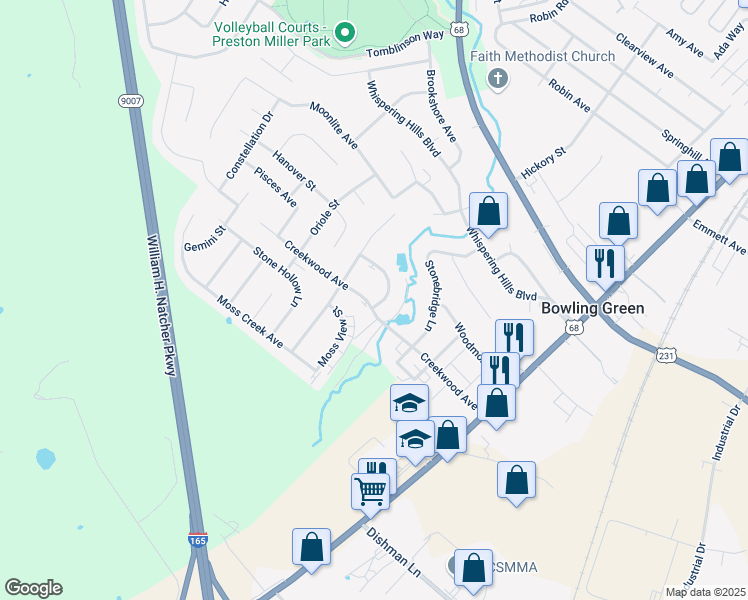 map of restaurants, bars, coffee shops, grocery stores, and more near 271 Spring Creek Avenue in Bowling Green