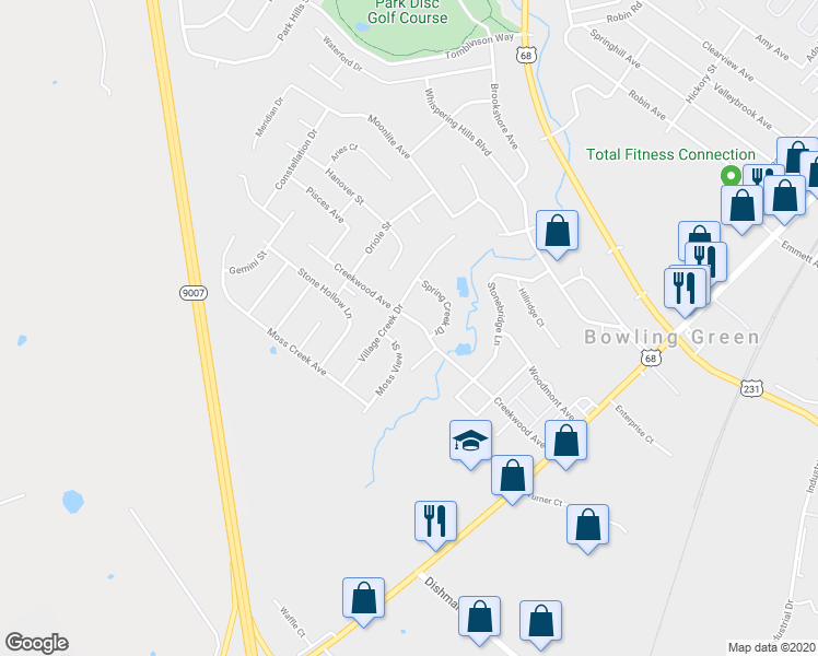 map of restaurants, bars, coffee shops, grocery stores, and more near 285 Creekwood Avenue in Bowling Green