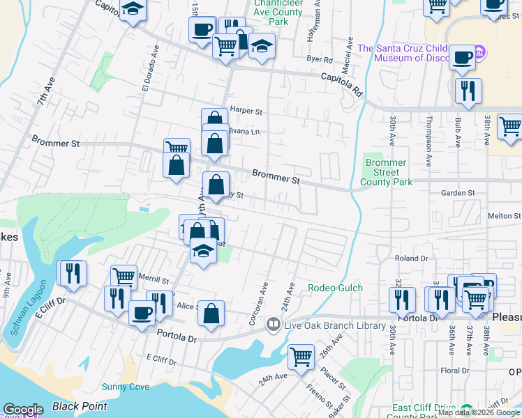 map of restaurants, bars, coffee shops, grocery stores, and more near 1051 Chanticleer Avenue in Santa Cruz