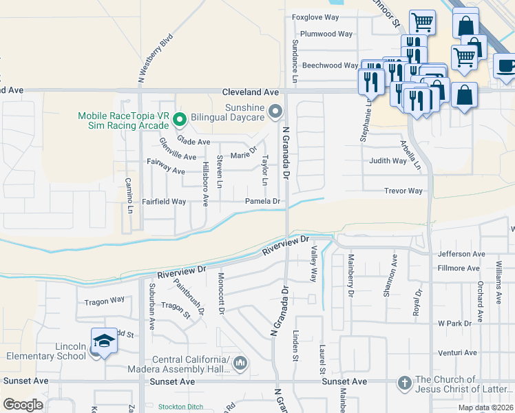 map of restaurants, bars, coffee shops, grocery stores, and more near 2670 Pamela Drive in Madera