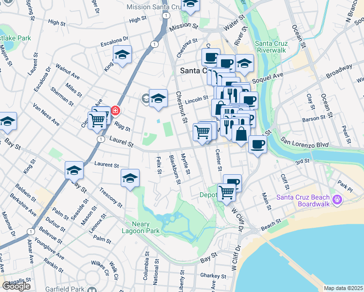 map of restaurants, bars, coffee shops, grocery stores, and more near 622 Laurel Street in Santa Cruz
