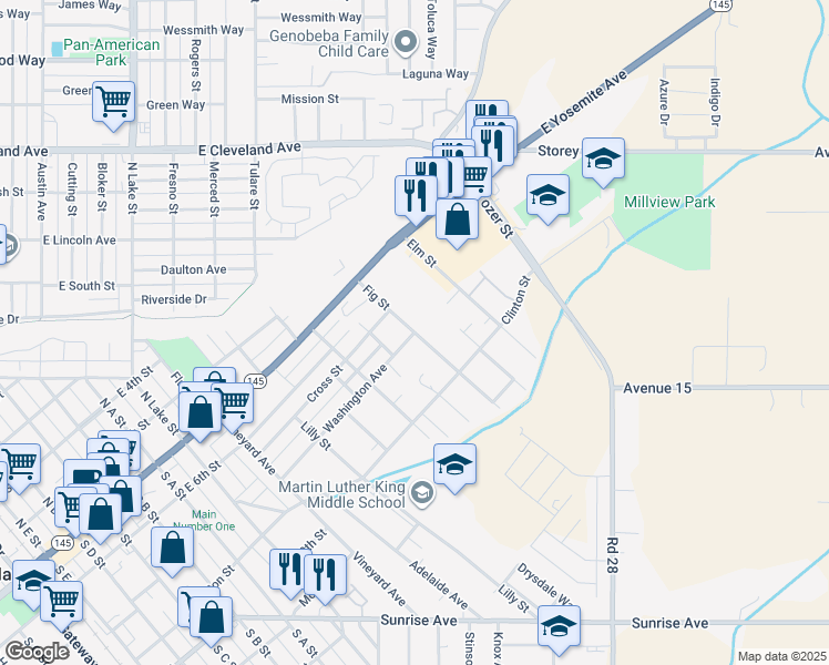 map of restaurants, bars, coffee shops, grocery stores, and more near Fig Street in Madera