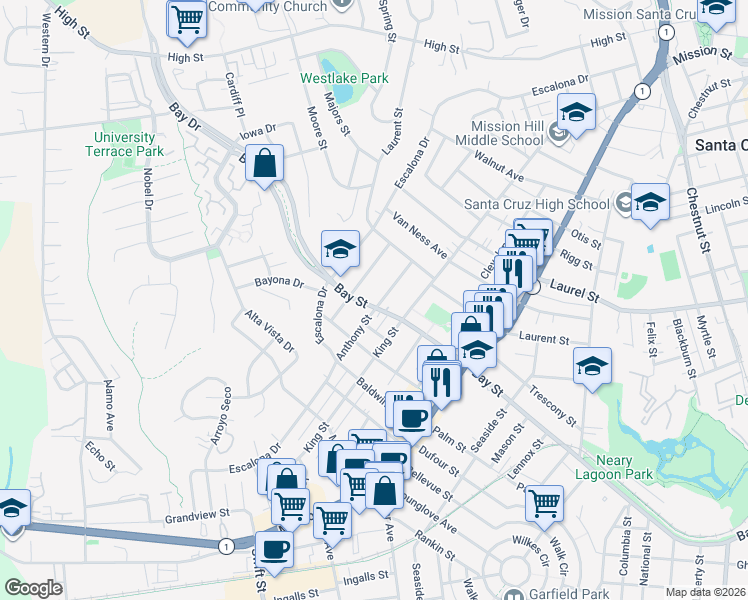 map of restaurants, bars, coffee shops, grocery stores, and more near 1710 Bay Street in Santa Cruz