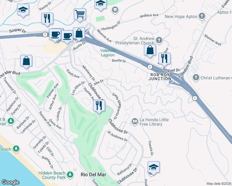 map of restaurants, bars, coffee shops, grocery stores, and more near 527 Santa Marguarita Drive in Aptos