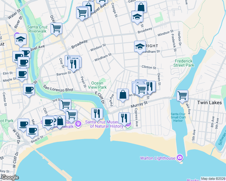 map of restaurants, bars, coffee shops, grocery stores, and more near 211 Seaview Avenue in Santa Cruz