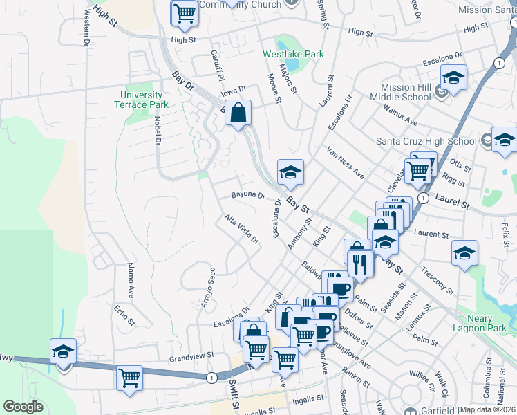 map of restaurants, bars, coffee shops, grocery stores, and more near 139 Scenic Street in Santa Cruz