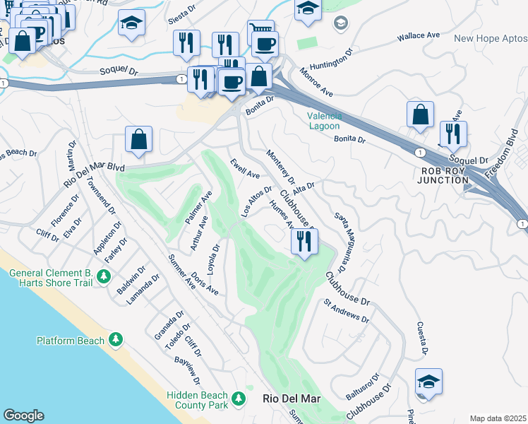 map of restaurants, bars, coffee shops, grocery stores, and more near 407 Gay Road in Aptos