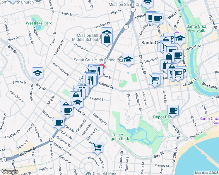 map of restaurants, bars, coffee shops, grocery stores, and more near 1113 Laurel Street in Santa Cruz
