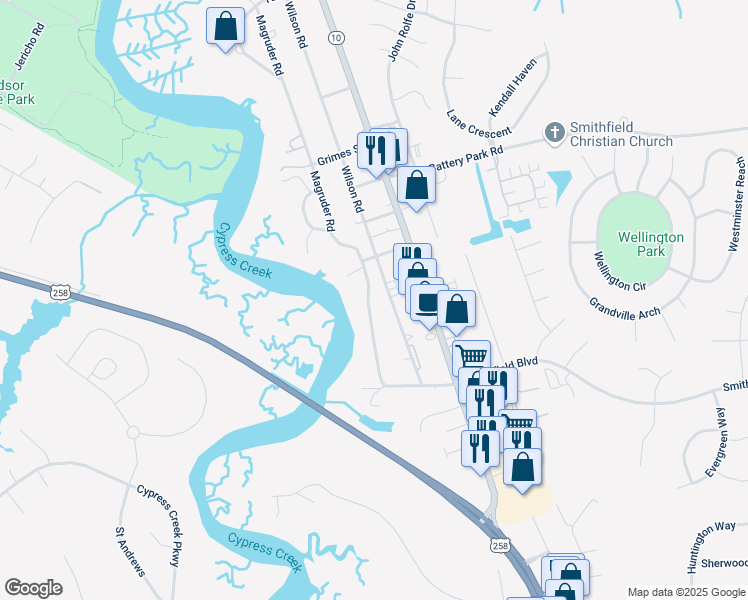 map of restaurants, bars, coffee shops, grocery stores, and more near 1501 Magruder Road in Smithfield