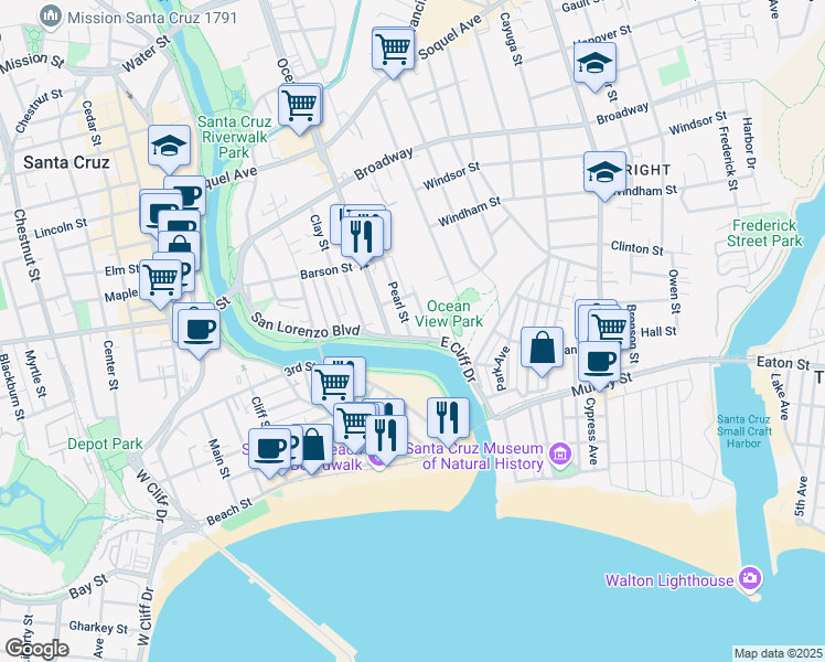 map of restaurants, bars, coffee shops, grocery stores, and more near 803 East Cliff Drive in Santa Cruz
