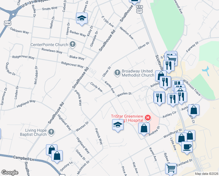 map of restaurants, bars, coffee shops, grocery stores, and more near Karen Avenue in Bowling Green