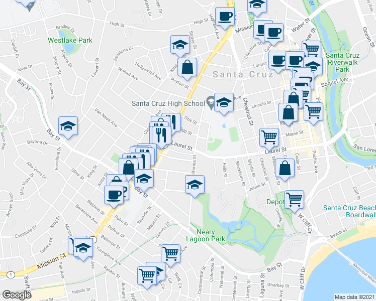 map of restaurants, bars, coffee shops, grocery stores, and more near 1113 Laurel Street in Santa Cruz