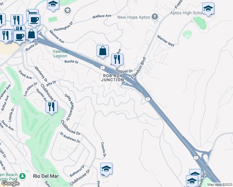 map of restaurants, bars, coffee shops, grocery stores, and more near 747 Encino Drive in Aptos