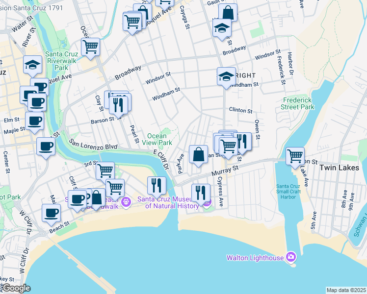 map of restaurants, bars, coffee shops, grocery stores, and more near 205 Seaview Avenue in Santa Cruz