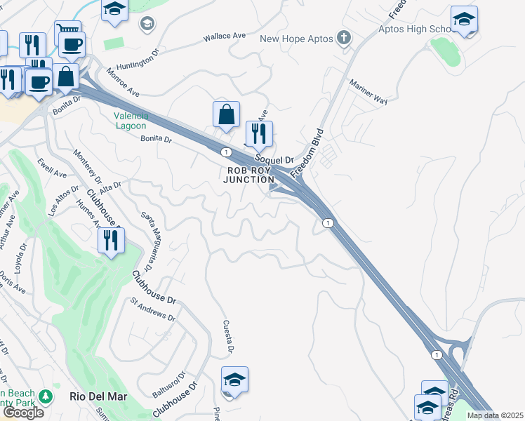 map of restaurants, bars, coffee shops, grocery stores, and more near 747 Encino Drive in Aptos