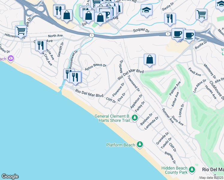 map of restaurants, bars, coffee shops, grocery stores, and more near 215 Florence Drive in Aptos