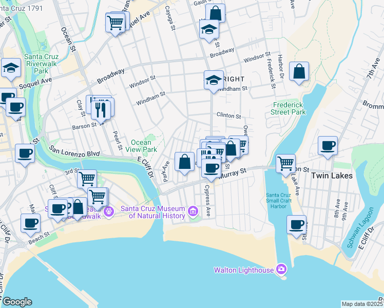 map of restaurants, bars, coffee shops, grocery stores, and more near 219 Mountain View Avenue in Santa Cruz