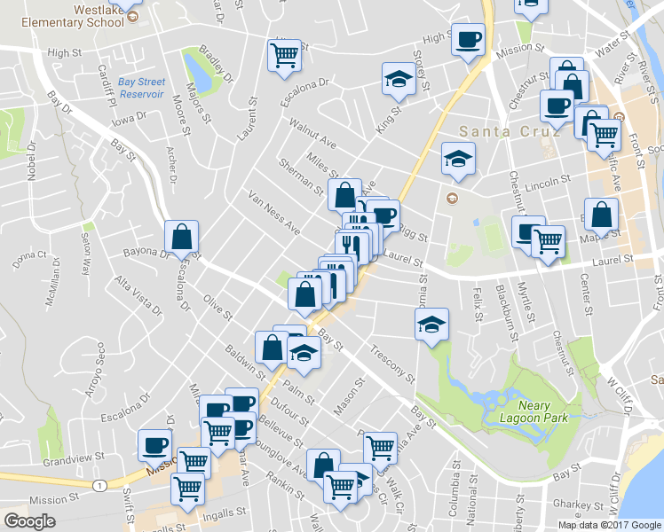 map of restaurants, bars, coffee shops, grocery stores, and more near 344 Laurent Street in Santa Cruz