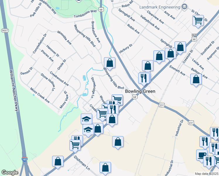 map of restaurants, bars, coffee shops, grocery stores, and more near 125 Hillridge Court in Bowling Green