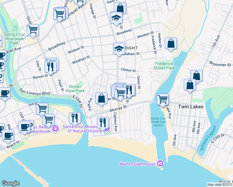 map of restaurants, bars, coffee shops, grocery stores, and more near 615 Seabright Avenue in Santa Cruz