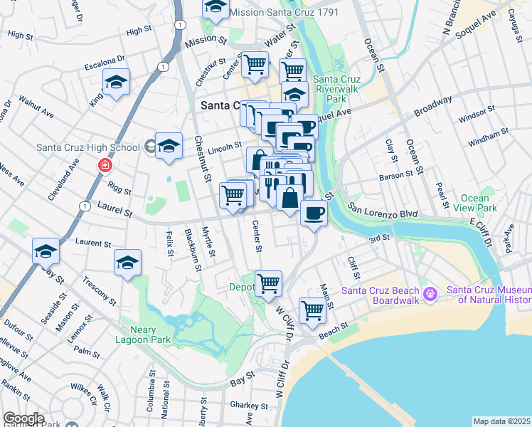 map of restaurants, bars, coffee shops, grocery stores, and more near 309 Laurel Street in Santa Cruz