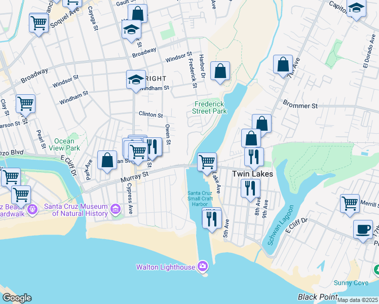 map of restaurants, bars, coffee shops, grocery stores, and more near 92 Frederick Street in Santa Cruz