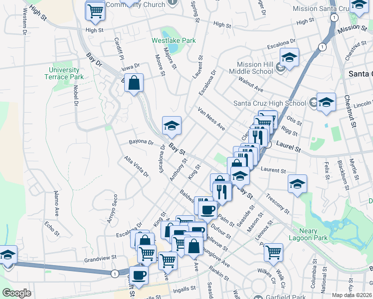 map of restaurants, bars, coffee shops, grocery stores, and more near 1710 Bay Street in Santa Cruz