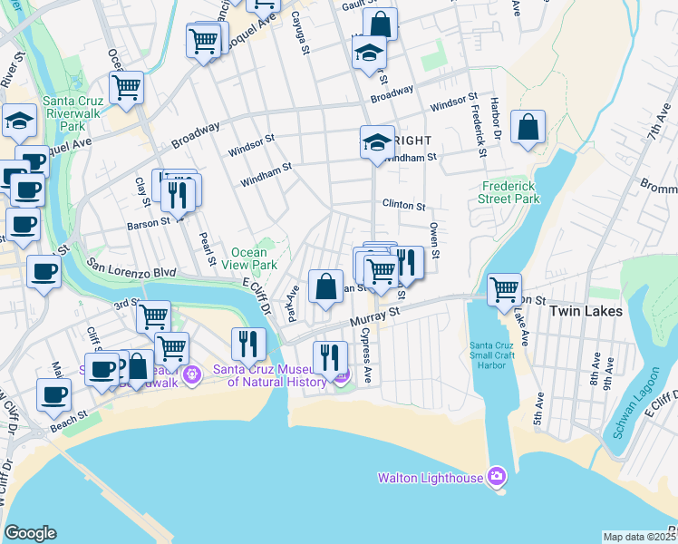 map of restaurants, bars, coffee shops, grocery stores, and more near 218 Mountain View Avenue in Santa Cruz