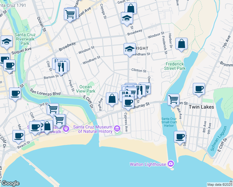 map of restaurants, bars, coffee shops, grocery stores, and more near 218 Mountain View Avenue in Santa Cruz