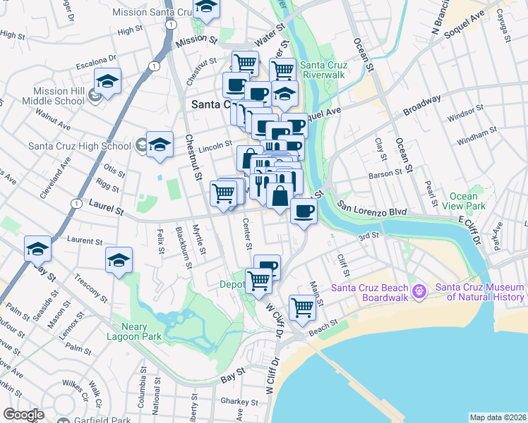 map of restaurants, bars, coffee shops, grocery stores, and more near 229 Laurel Street in Santa Cruz