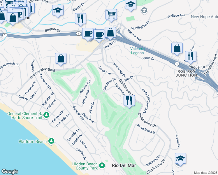 map of restaurants, bars, coffee shops, grocery stores, and more near 407 Gay Road in Aptos