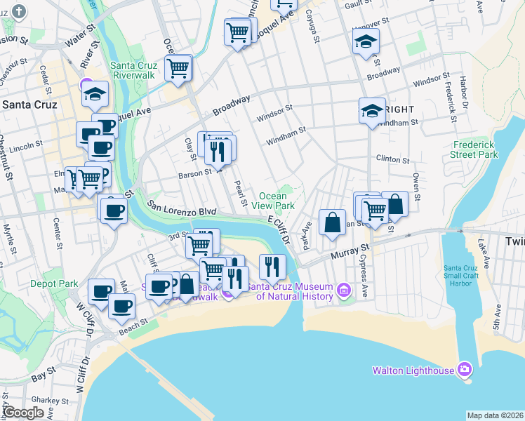map of restaurants, bars, coffee shops, grocery stores, and more near 108 Jessie Street in Santa Cruz
