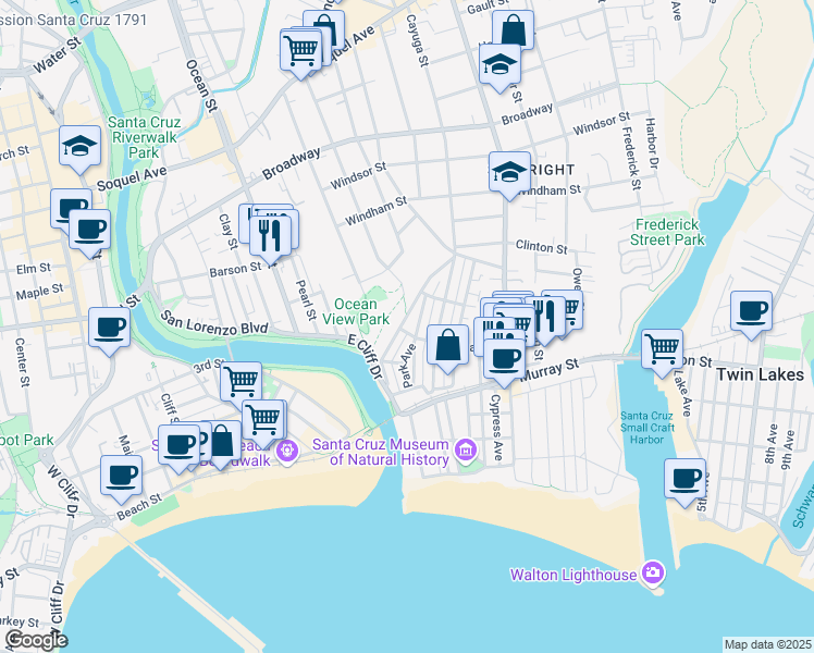 map of restaurants, bars, coffee shops, grocery stores, and more near 105 Logan Street in Santa Cruz