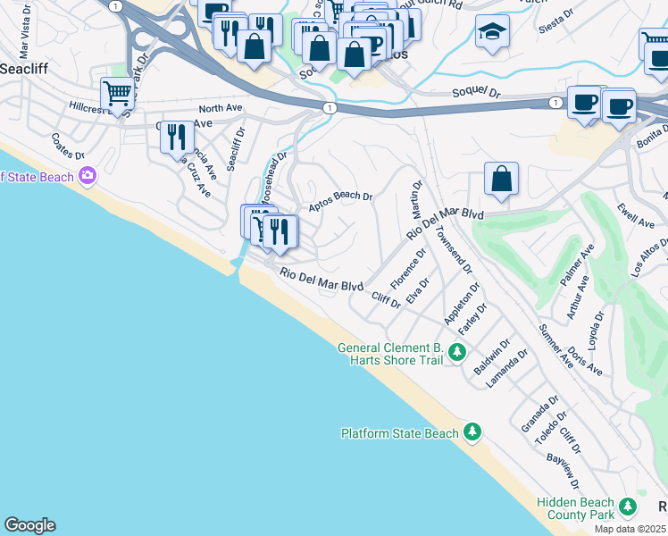 map of restaurants, bars, coffee shops, grocery stores, and more near 211 Earl Court in Aptos