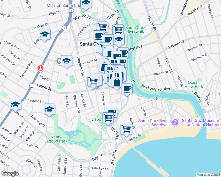 map of restaurants, bars, coffee shops, grocery stores, and more near 309 Laurel Street in Santa Cruz
