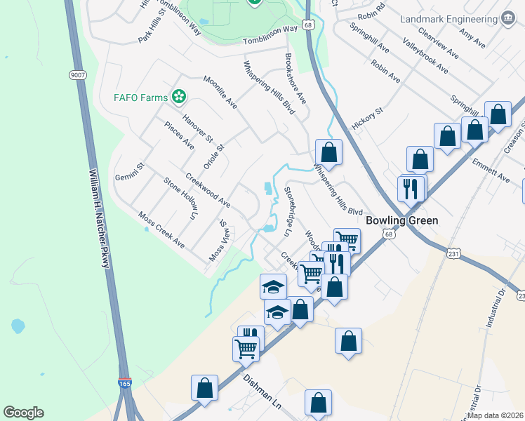 map of restaurants, bars, coffee shops, grocery stores, and more near 270 Spring Creek Drive in Bowling Green