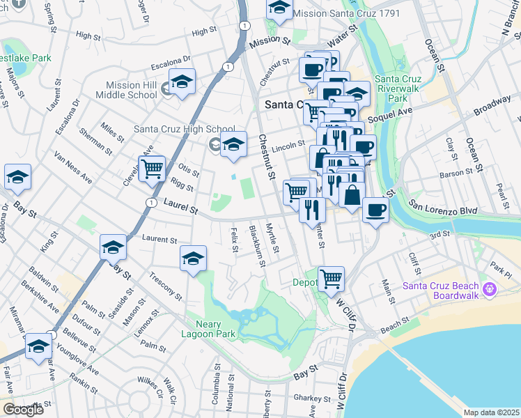 map of restaurants, bars, coffee shops, grocery stores, and more near 211 Myrtle Street in Santa Cruz