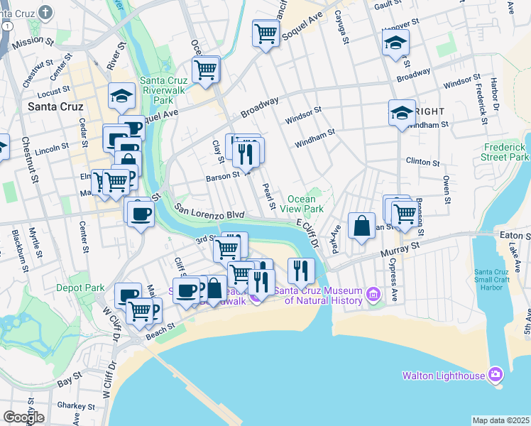 map of restaurants, bars, coffee shops, grocery stores, and more near 106 Ocean Street in Santa Cruz