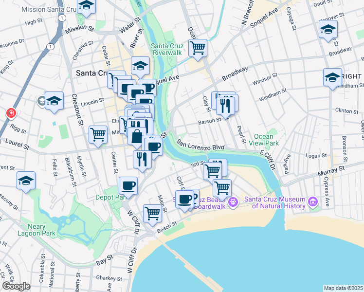 map of restaurants, bars, coffee shops, grocery stores, and more near 299 San Lorenzo Boulevard in Santa Cruz