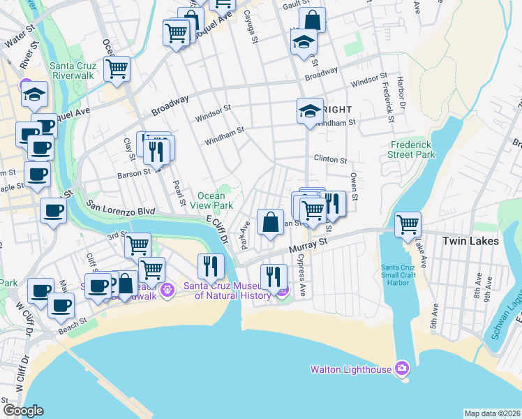 map of restaurants, bars, coffee shops, grocery stores, and more near 215 Cayuga Street in Santa Cruz