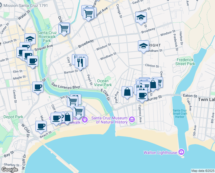 map of restaurants, bars, coffee shops, grocery stores, and more near 55 South Branciforte Avenue in Santa Cruz