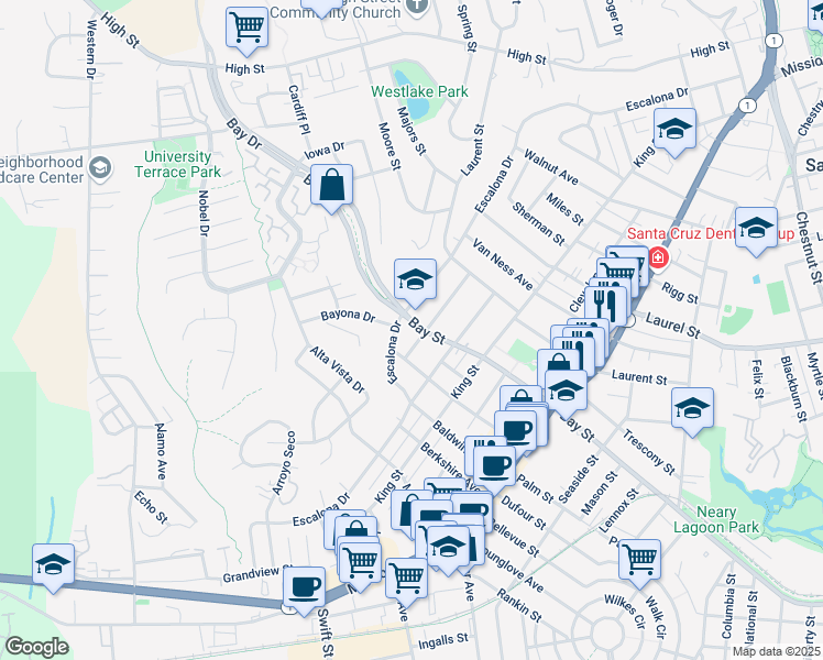 map of restaurants, bars, coffee shops, grocery stores, and more near 1809 Bay Street in Santa Cruz