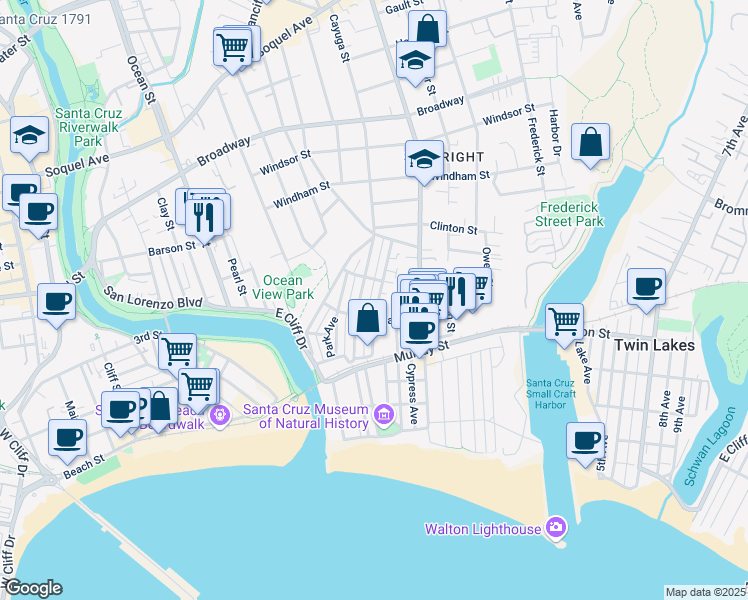 map of restaurants, bars, coffee shops, grocery stores, and more near 219 Mountain View Ave in Santa Cruz